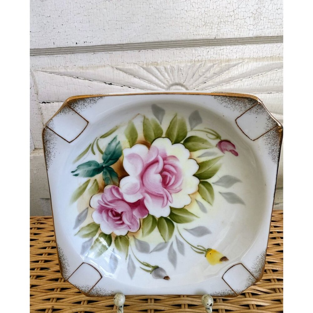 Vintage 50's Porcelain Hand Painted Pink Cottage Rose Ashtray